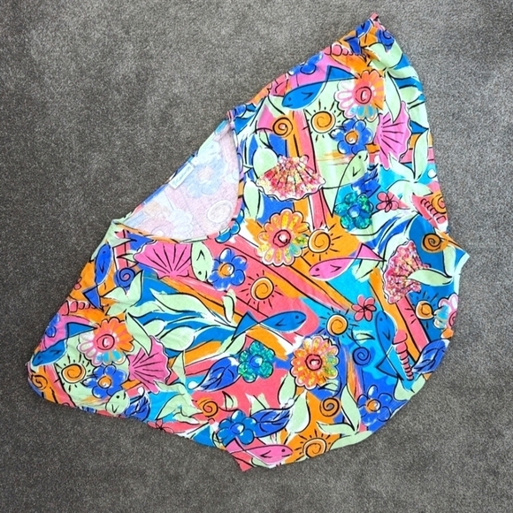 LULU-B floral bird print sequin cotton multicolor Tshirt batwing size Small - Picture 1 of 11